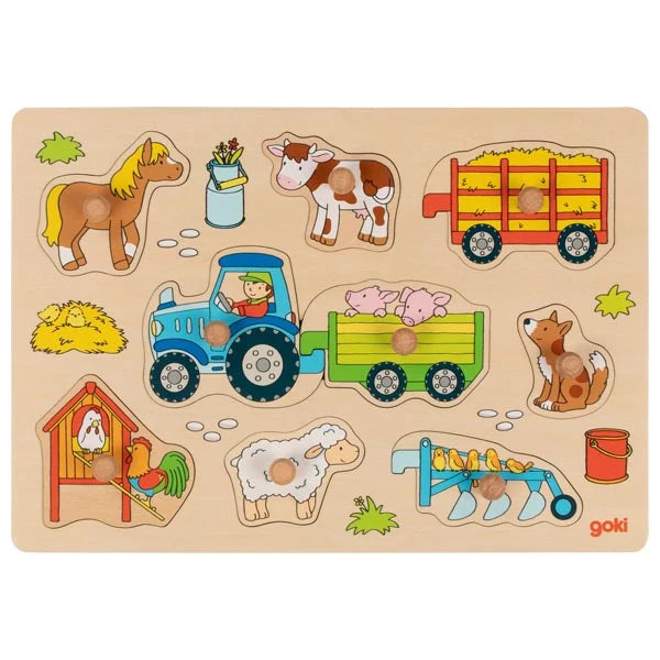 Wooden Lift Out Peg Puzzle Tractor with Trailers