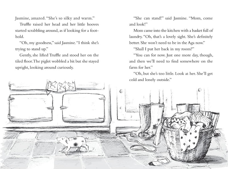Illustrated book page with a kitchen scene and text.