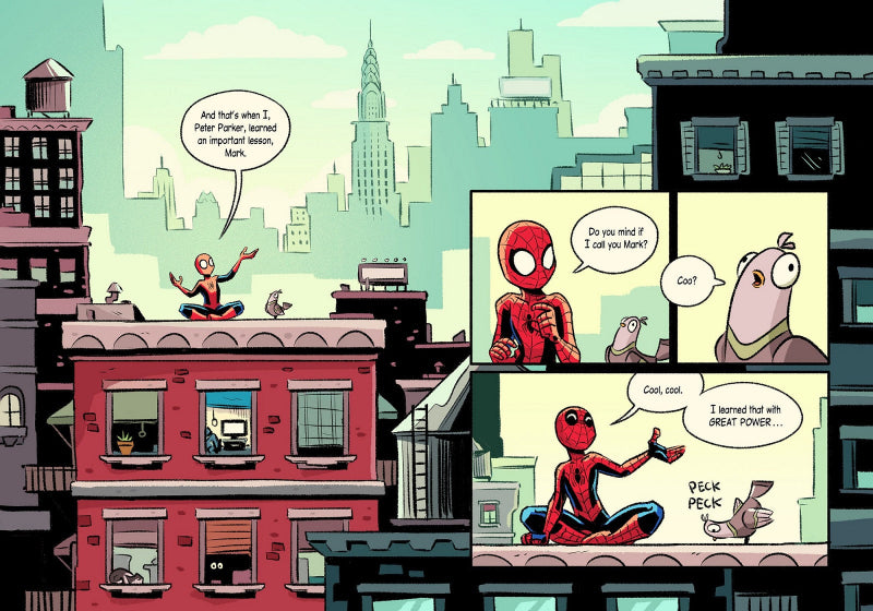 Comic strip of Spider-Man on a rooftop with a cityscape background