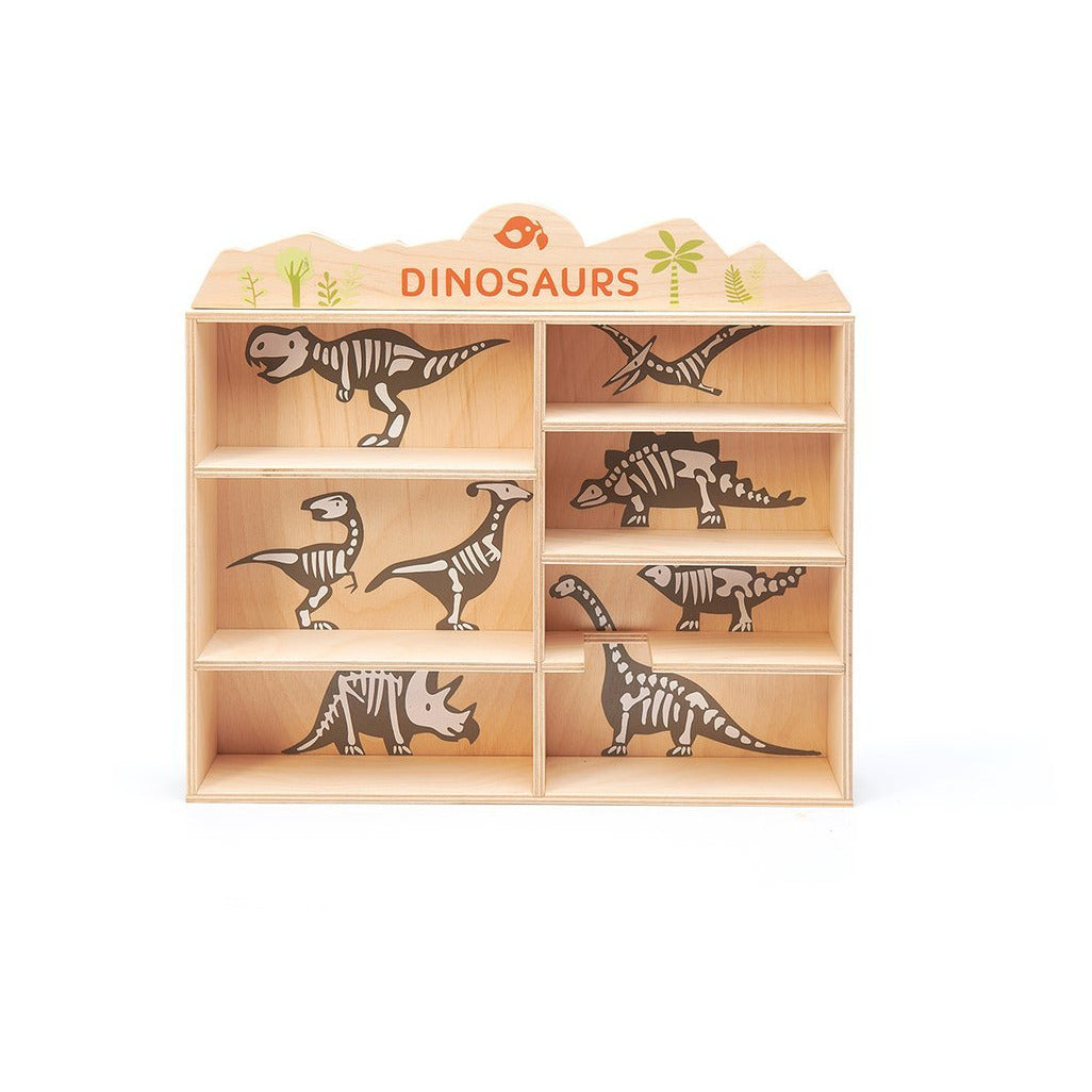 8 wooden Dinosaurs & Shelf