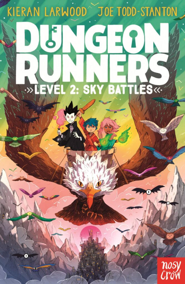 Book cover of 'Dungeon Runners Level 2: Sky Battles' featuring characters on an eagle with a castle in the background.