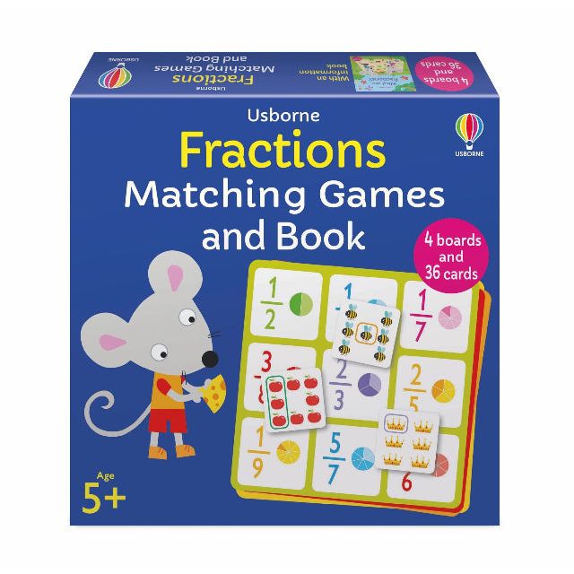 Usborne Fractions Matching Games and Book packaging with a mouse illustration on a blue background