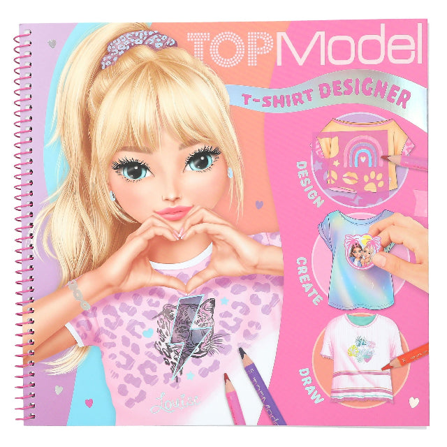 Top Model T-shirt Designer book with a girl making a heart shape with her hands on a pink cover.