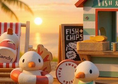Toy fish and chips shop with ducks and a sunset beach background